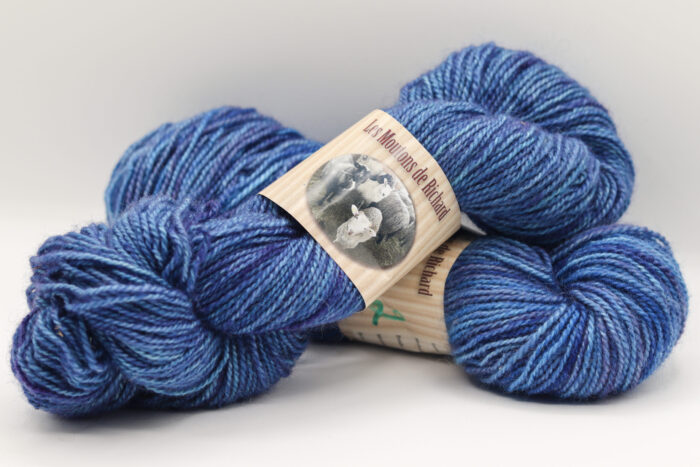 Photo de deux écheveaux de laine bleu indigo, étiquetés 'Les Moutons de Richard'. La laine est douce et idéale pour le tricot ou le crochet.